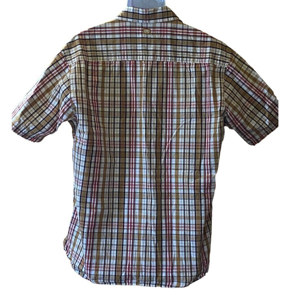 Ecko Mens L Earth Tone Plaid Cranberry Stripe Button Front Short Sleeve Shirt - Picture 2 of 10